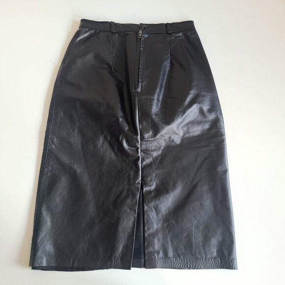 Vintage black leather midi skirt made in Canada. - Picture 2 of 7